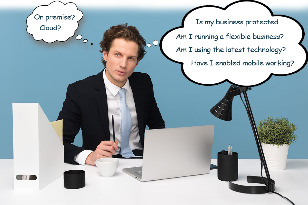 Office manager thinking about business flexibility, mobile work and IT security with Microsoft 365