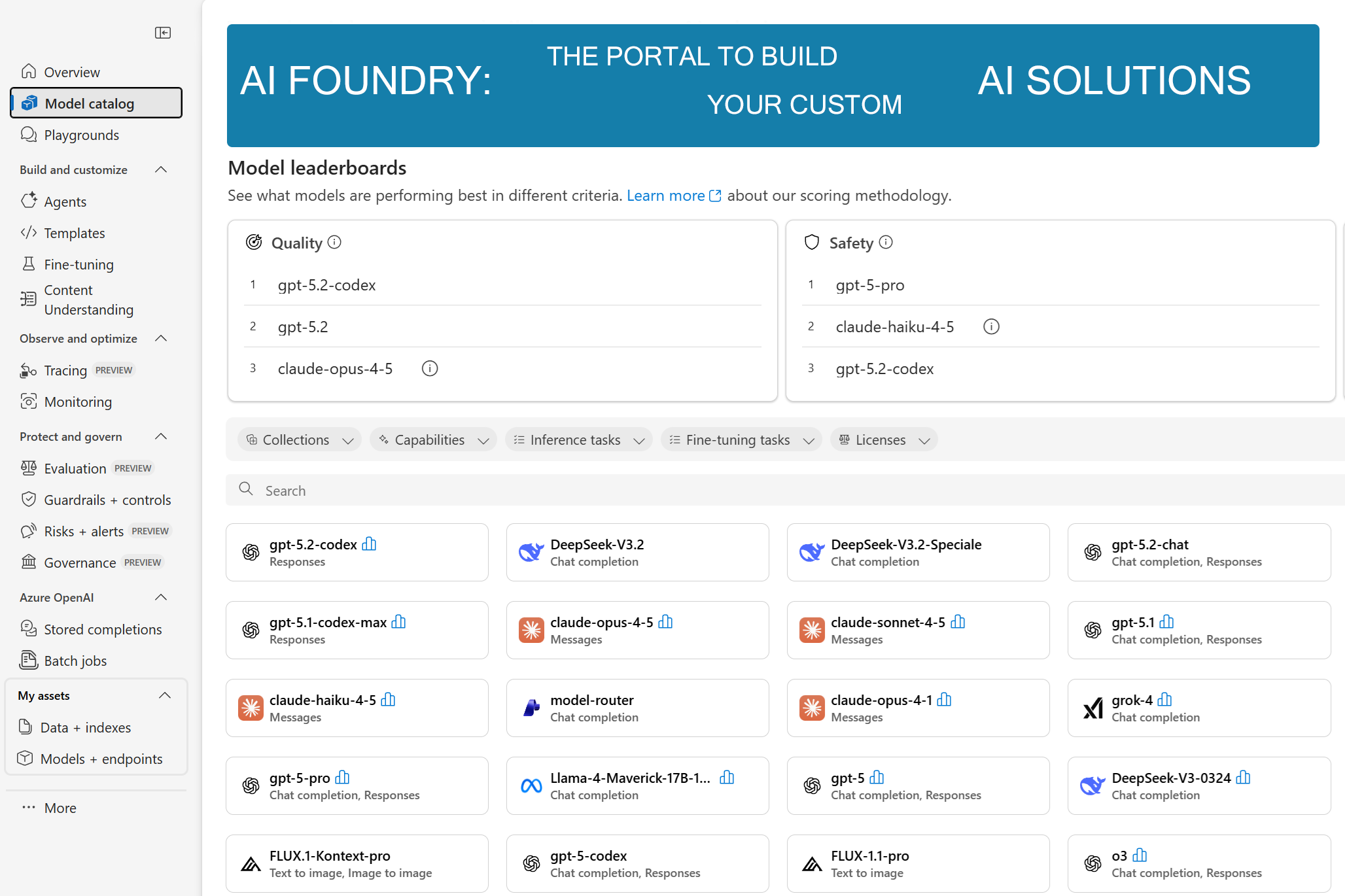 Azure AI Foundry portal showing AI models, agents and chatbot builder — Microsoft Copilot Studio and Azure AI Foundry